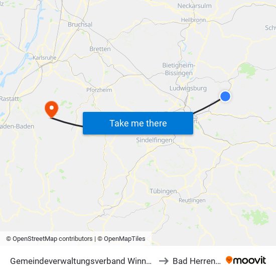 Gemeindeverwaltungsverband Winnenden to Bad Herrenalb map