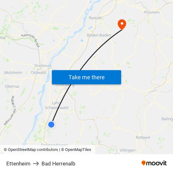 Ettenheim to Bad Herrenalb map