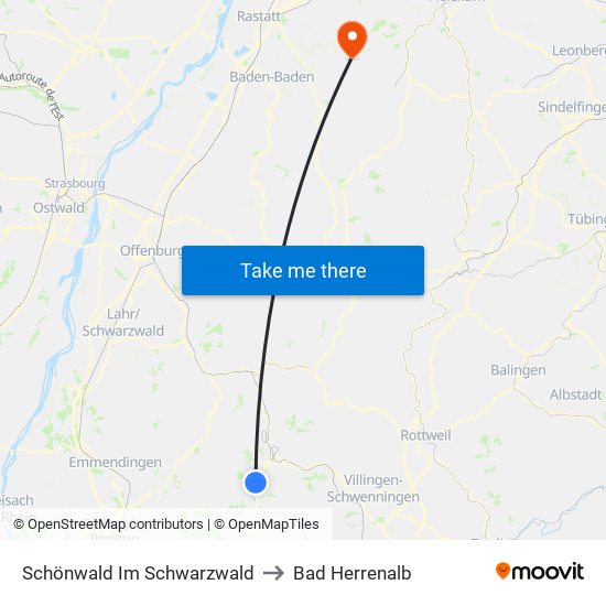 Schönwald Im Schwarzwald to Bad Herrenalb map