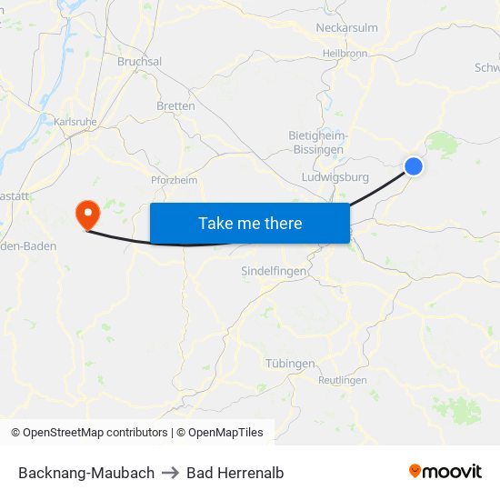 Backnang-Maubach to Bad Herrenalb map