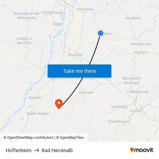 Hoffenheim to Bad Herrenalb map