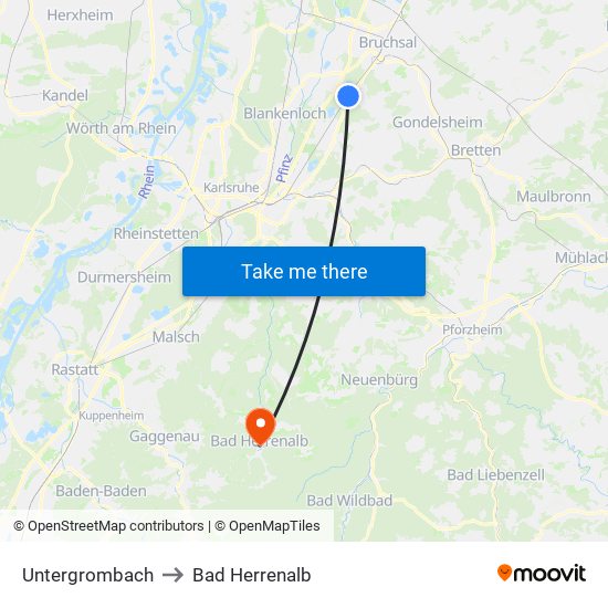 Untergrombach to Bad Herrenalb map