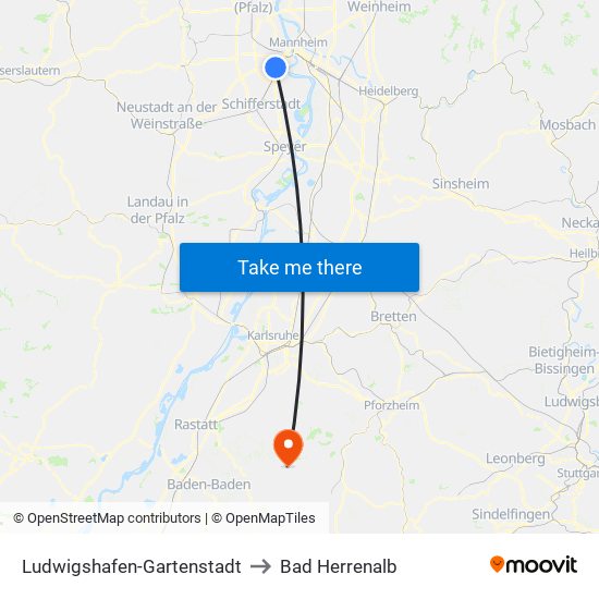 Ludwigshafen-Gartenstadt to Bad Herrenalb map