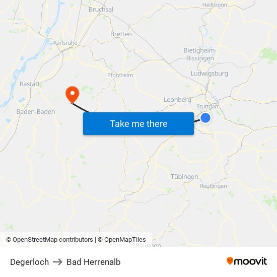 Degerloch to Bad Herrenalb map