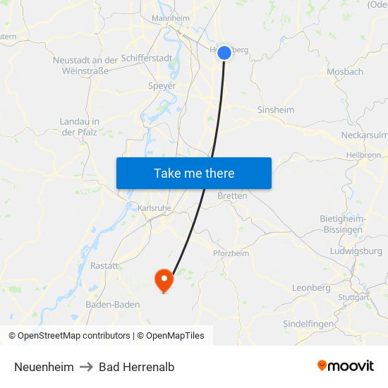 Neuenheim to Bad Herrenalb map