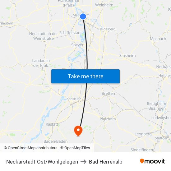 Neckarstadt-Ost/Wohlgelegen to Bad Herrenalb map