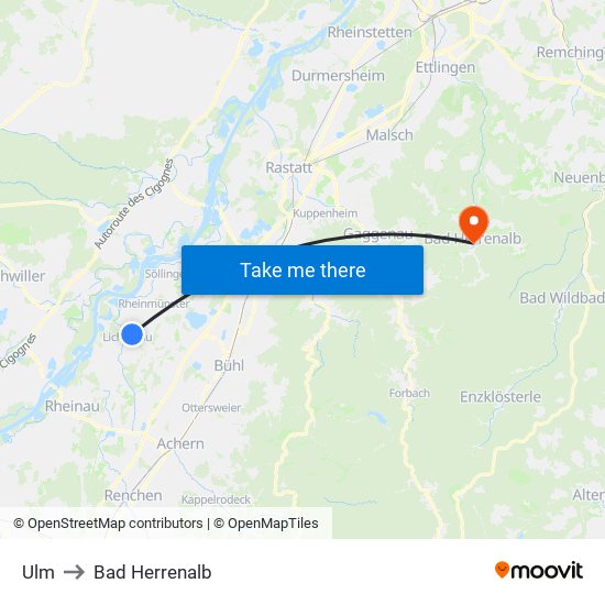 Ulm to Bad Herrenalb map