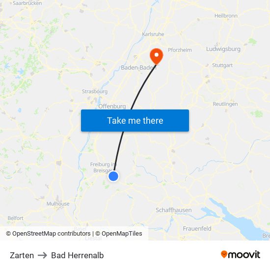 Zarten to Bad Herrenalb map