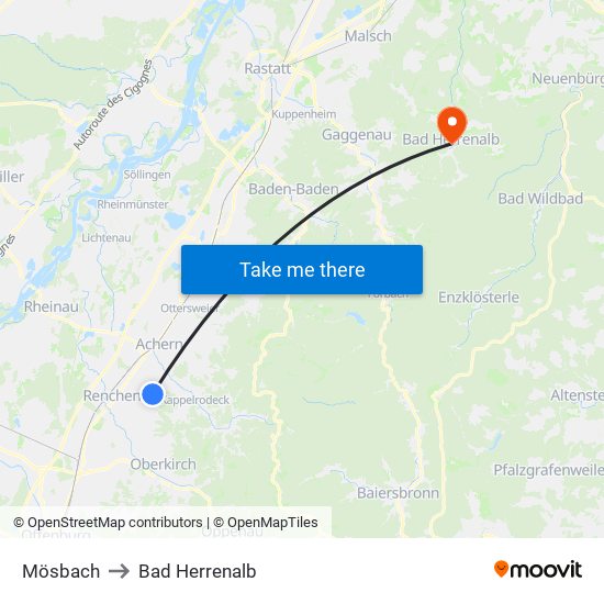 Mösbach to Bad Herrenalb map