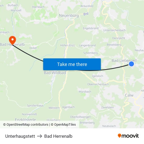 Unterhaugstett to Bad Herrenalb map