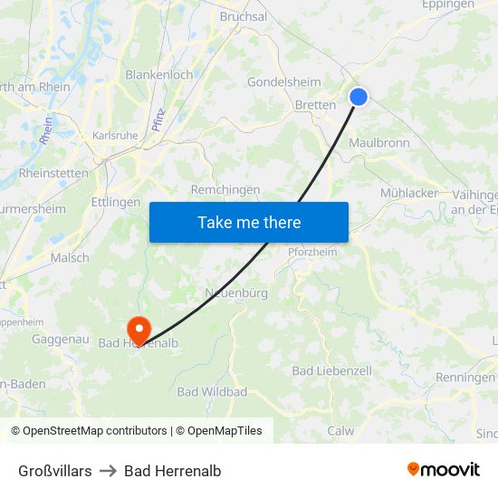 Großvillars to Bad Herrenalb map
