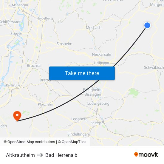 Altkrautheim to Bad Herrenalb map