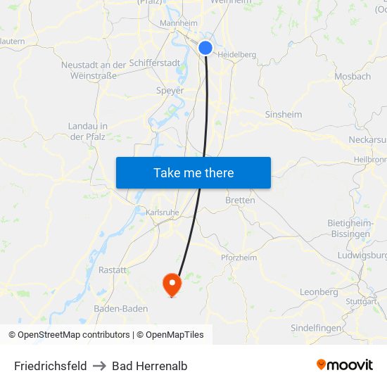 Friedrichsfeld to Bad Herrenalb map