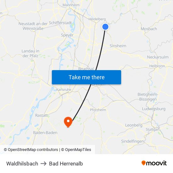 Waldhilsbach to Bad Herrenalb map