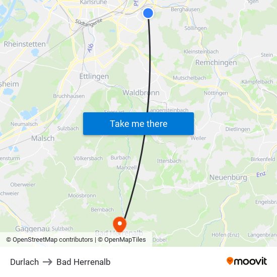 Durlach to Bad Herrenalb map