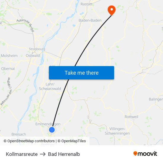 Kollmarsreute to Bad Herrenalb map