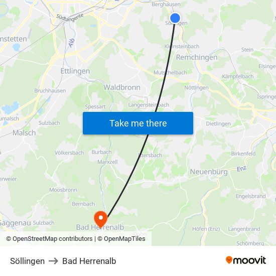 Söllingen to Bad Herrenalb map