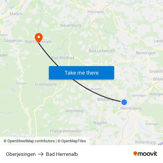 Oberjesingen to Bad Herrenalb map