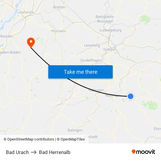 Bad Urach to Bad Herrenalb map