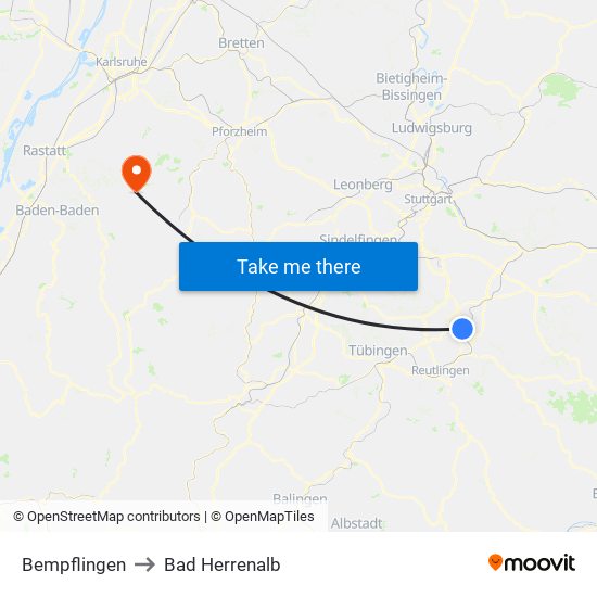 Bempflingen to Bad Herrenalb map