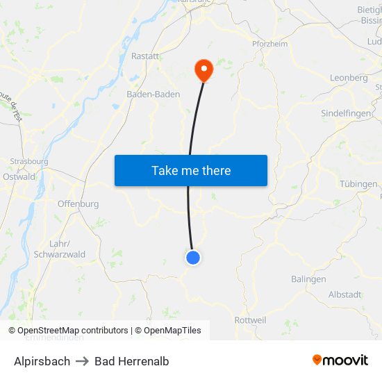 Alpirsbach to Bad Herrenalb map