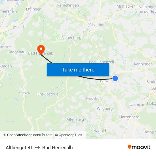 Althengstett to Bad Herrenalb map