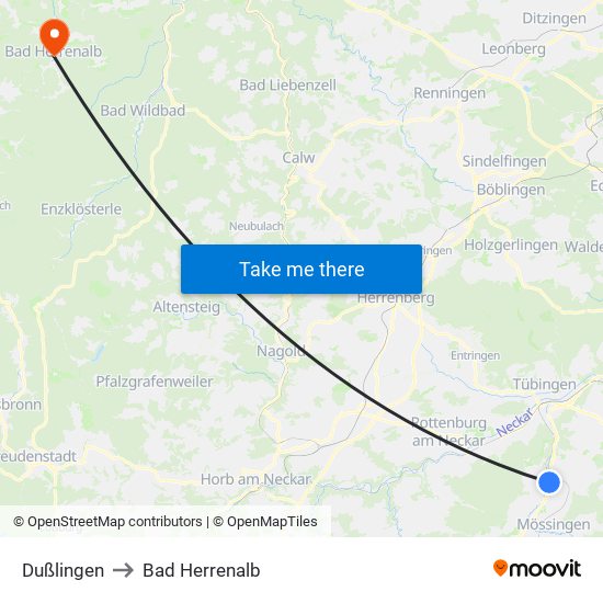 Dußlingen to Bad Herrenalb map