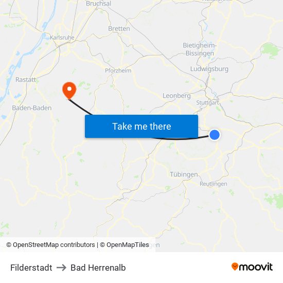 Filderstadt to Bad Herrenalb map