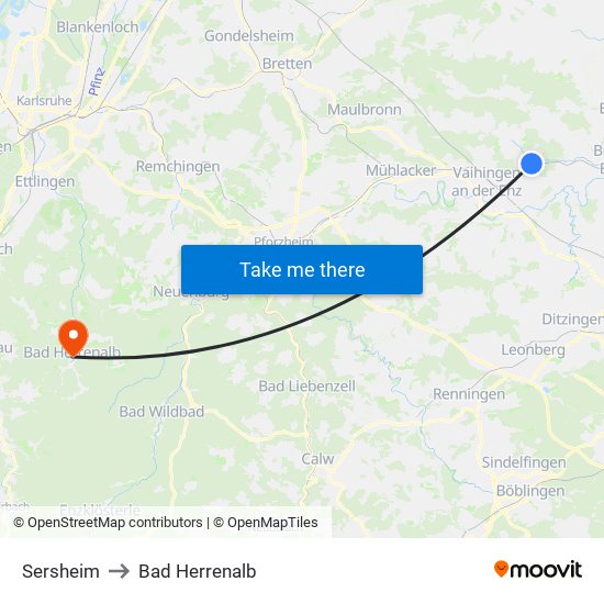 Sersheim to Bad Herrenalb map