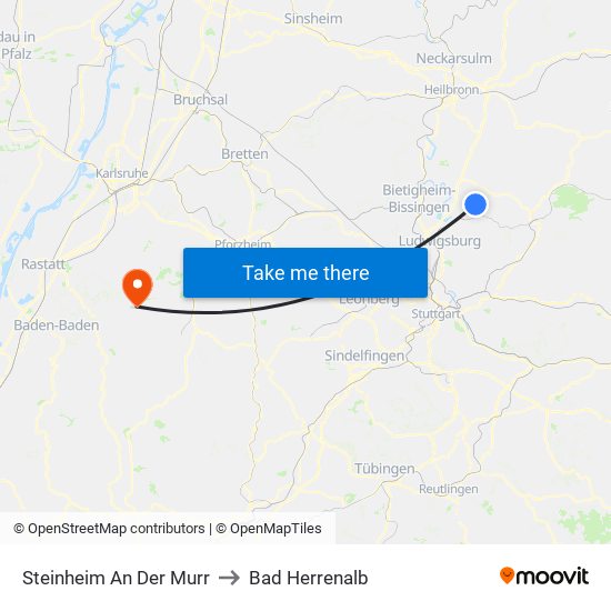 Steinheim An Der Murr to Bad Herrenalb map