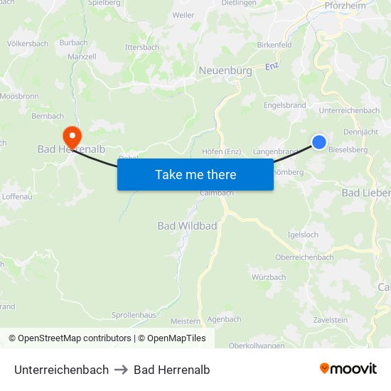 Unterreichenbach to Bad Herrenalb map