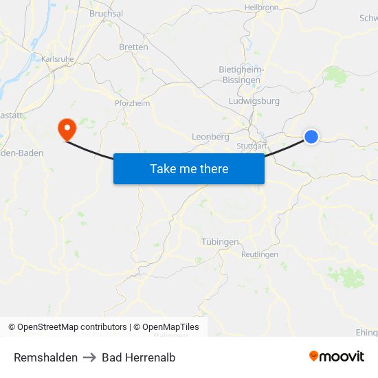 Remshalden to Bad Herrenalb map