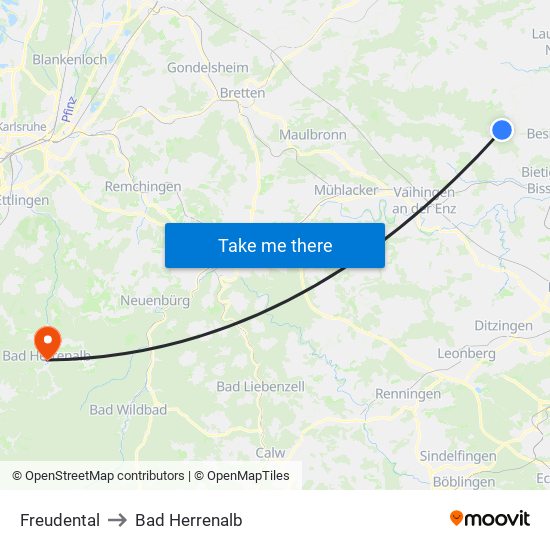 Freudental to Bad Herrenalb map