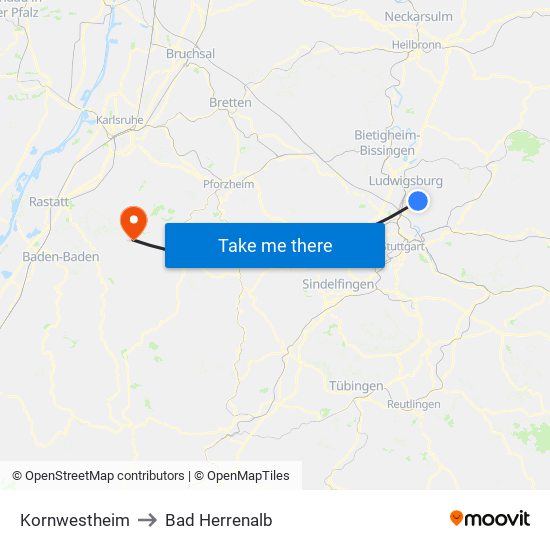 Kornwestheim to Bad Herrenalb map