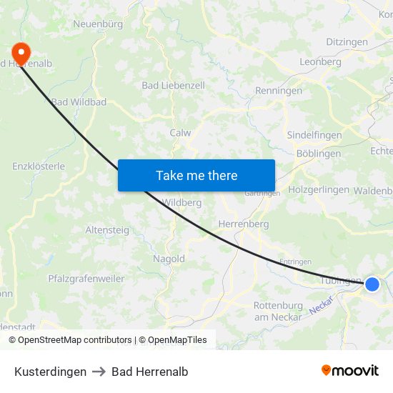 Kusterdingen to Bad Herrenalb map