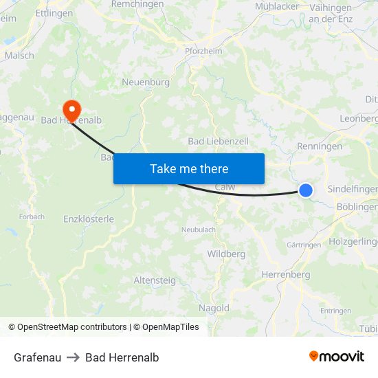 Grafenau to Bad Herrenalb map