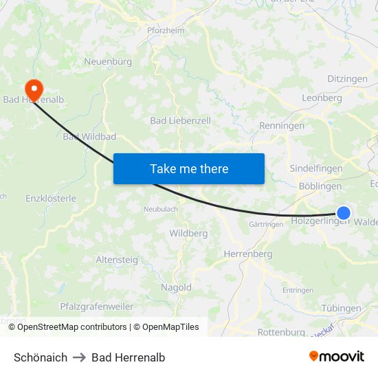 Schönaich to Bad Herrenalb map