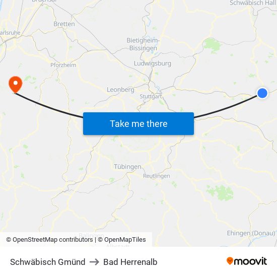 Schwäbisch Gmünd to Bad Herrenalb map