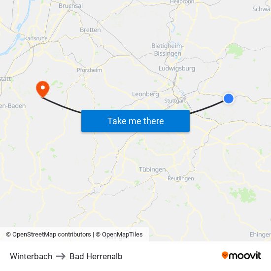 Winterbach to Bad Herrenalb map