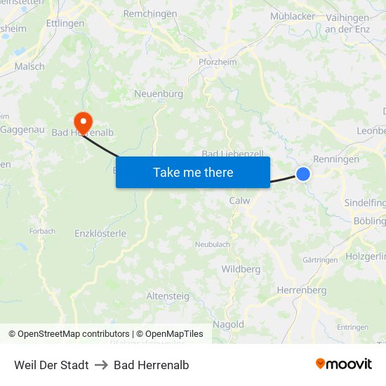 Weil Der Stadt to Bad Herrenalb map