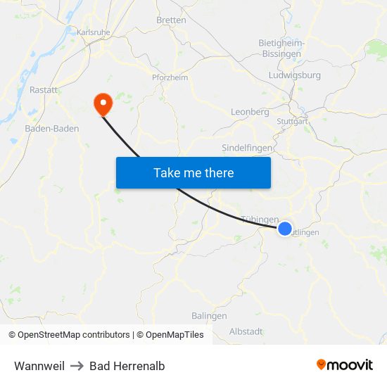 Wannweil to Bad Herrenalb map