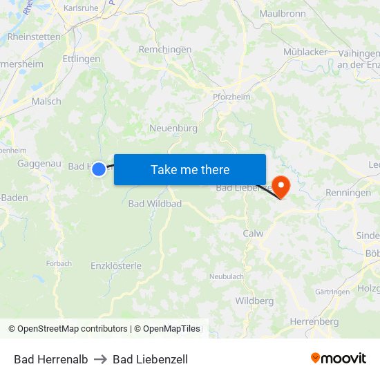 Bad Herrenalb to Bad Liebenzell map