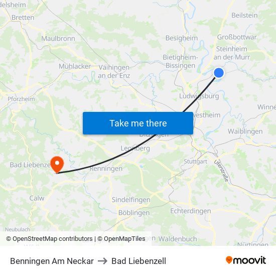 Benningen Am Neckar to Bad Liebenzell map