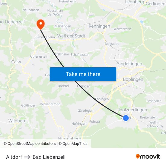 Altdorf to Bad Liebenzell map