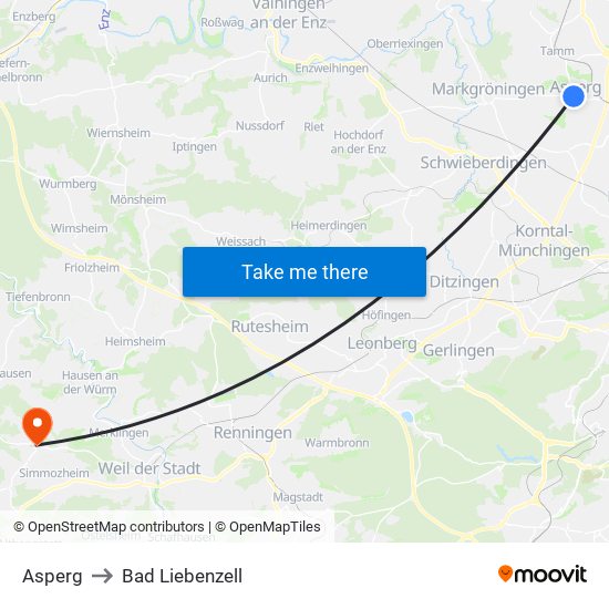 Asperg to Bad Liebenzell map