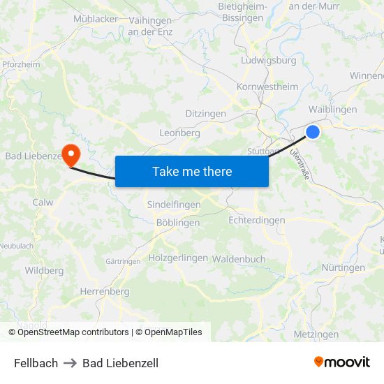 Fellbach to Bad Liebenzell map
