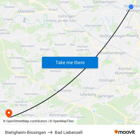 Bietigheim-Bissingen to Bad Liebenzell map