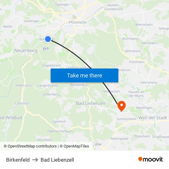 Birkenfeld to Bad Liebenzell map