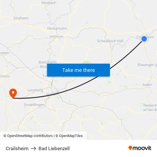 Crailsheim to Bad Liebenzell map