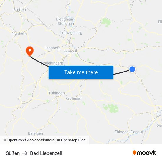 Süßen to Bad Liebenzell map